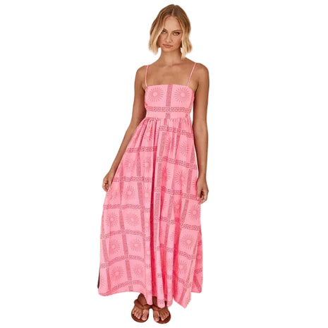 Pinkish Sunny Back Cutout Sling Dress with Geometric Pattern
