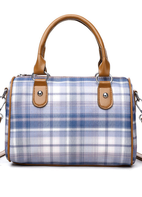 Plaid Round Barrel Handbag | Women's Canvas Plaid Shoulder Bag blue