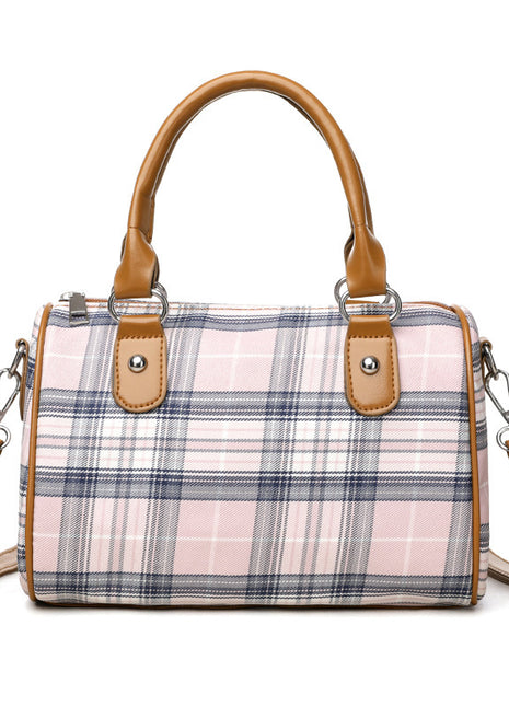 Plaid Round Barrel Handbag | Women's Canvas Plaid Shoulder Bag pink