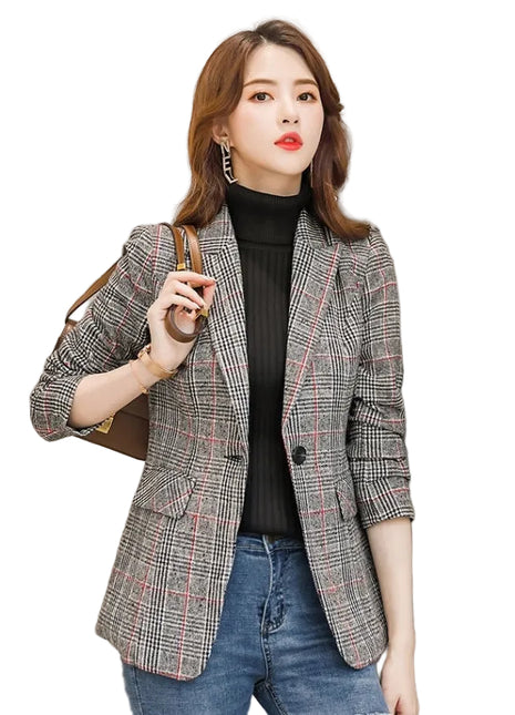 Men's Plaid Suit Waist Slim Fit Trimming Casual Coat in Grey Plaid