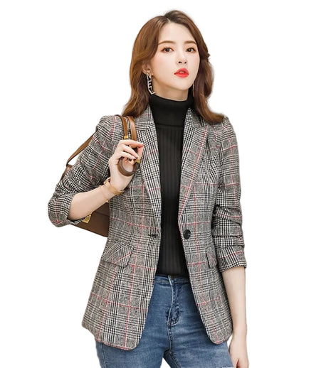 Men's Plaid Suit Waist Slim Fit Trimming Casual Coat in Grey Plaid