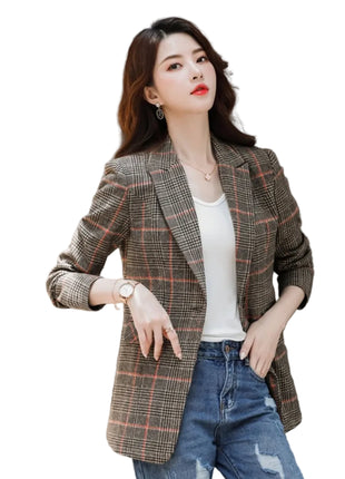 Women's Plaid Suit Waist Slim Fit Trimming Coat