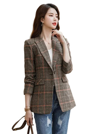 Plaid Suit Waist Slim Fit Trimming Casual Coat for women