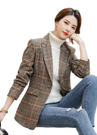 Women's Plaid Suit Waist Slim Fit Trimming Coat