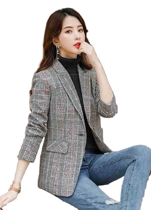 Tailored Plaid Women's Casual Suit Coat with Suit Collar