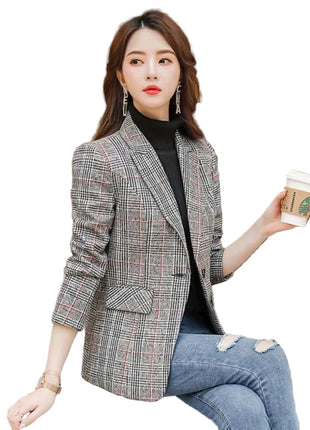 Modern Slim Fit Plaid Business Blazer for Women
