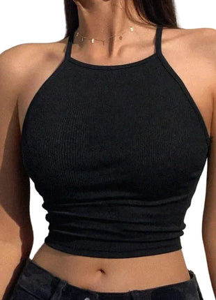 Plain black halter crop tank top with rib-knit texture and stylish backless design for casual summer outfits.