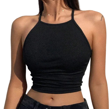 Plain black halter crop tank top with rib-knit texture and stylish backless design for casual summer outfits.