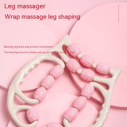 Pink leg massager wrap on a pink background with text describing its use.