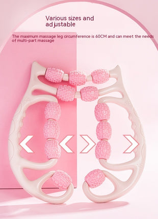 Pink and white massage tool with adjustable features on a pink background