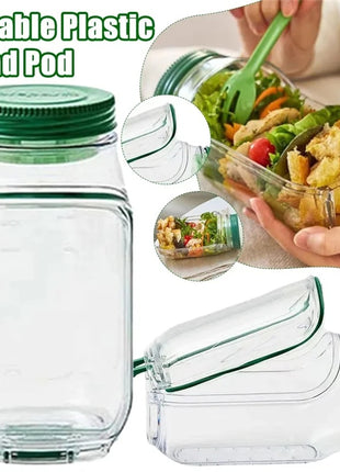 Portable plastic salad pod with green lid, showing a person holding a filled salad pod.