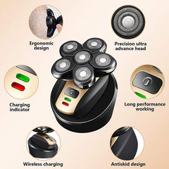 Electric shaver with features highlighted on a beige background