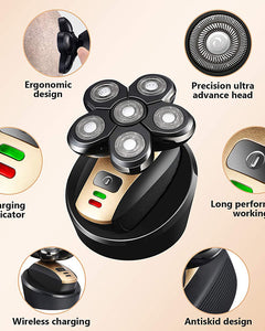 Electric shaver with features highlighted on a beige background