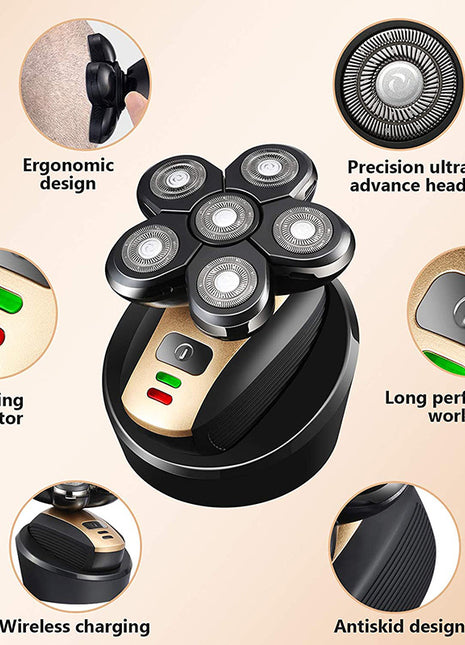 Electric shaver with features highlighted on a beige background