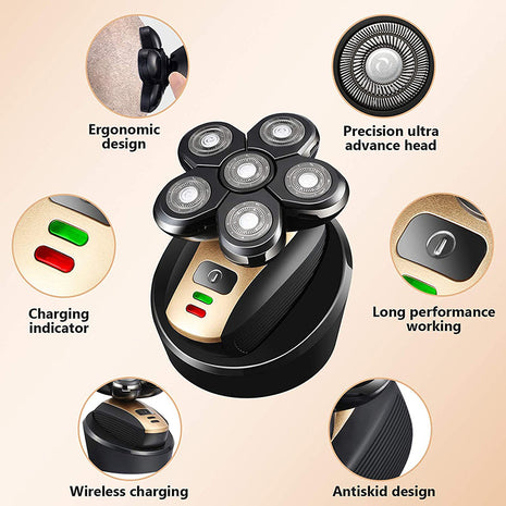 Electric shaver with features highlighted on a beige background