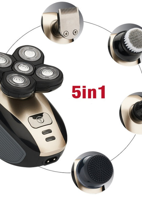 5-in-1 electric shaver with multiple attachments on a white background