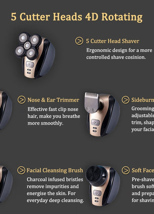 Afeitadora eléctrica 5 en 1 PowerGlide™ – Afeitadora de cabeza de 5 cuchillas + recortadora de barba, nariz y aseo personal