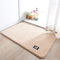Beige rug with a brand logo on a wooden floor in a room with a window and basket.