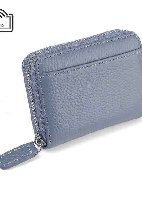Premium genuine leather wallet featuring RFID protection and organized card compartments.