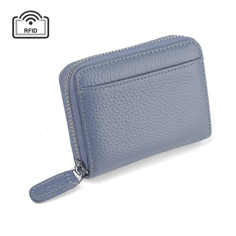 Premium genuine leather wallet featuring RFID protection and organized card compartments.