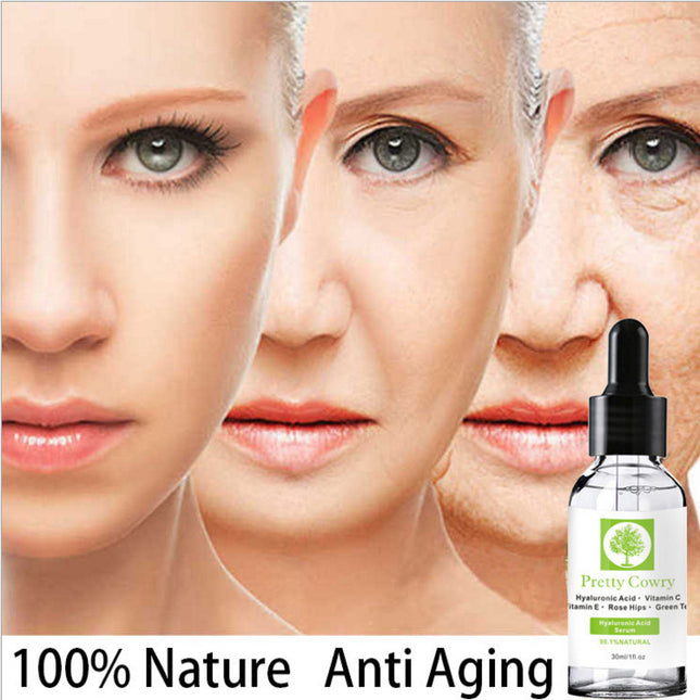 Anti-aging skincare product with a bottle labeled 'Pretty Cowry' on a background of three stages of a woman's face.