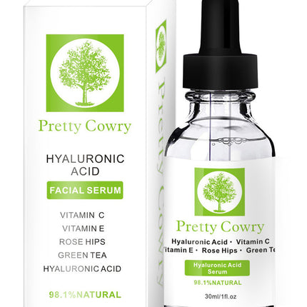 Pretty Cowry hyaluronic acid facial serum with packaging on a white background