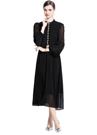 Elegant Black Waist-Defined Maxi Dress with Pleats