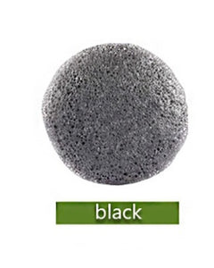 Black sponge on a white background with a green label