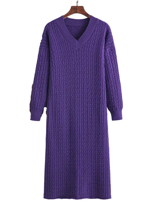 Women's V-neck knitted long sweater dress with back slit

Long straight knitted dress with elegant V-neckline

Women's viscose knit sweater dress in black

Oatmeal V-neck long sweater dress for smart-casual styling

Women's knitted dress in apricot with back slit detail

Purple long sweater dress for elegant everyday outfits

Cameo brown women's knit dress for commute wear