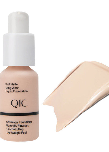 QIC foundation bottle with swatch labeled 'Porcelain #01' on a white background