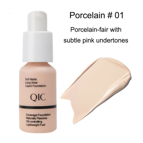 QIC foundation bottle with swatch labeled 'Porcelain #01' on a white background
