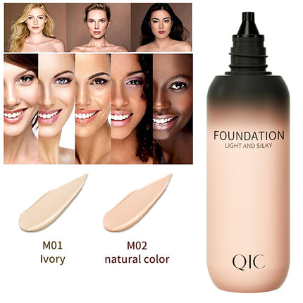 QIC foundation bottle with color swatches and model faces