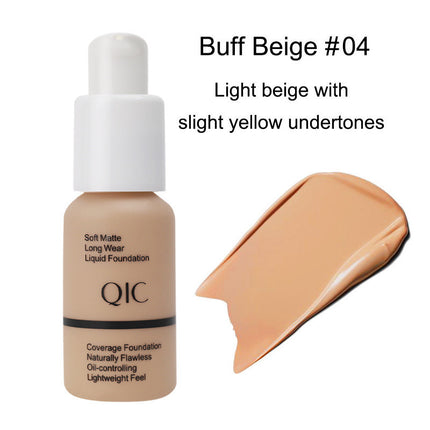 QIC foundation bottle with 'Buff Beige #04' swatch on a white background