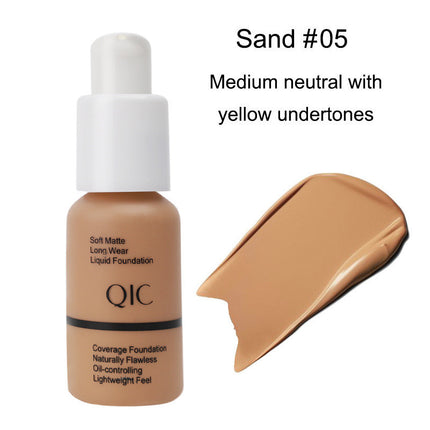QIC foundation bottle with 'Sand #05' color swatch on a white background