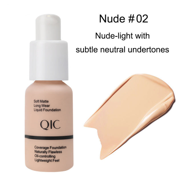 QIC foundation bottle with a swatch of Nude #02 shade on a white background