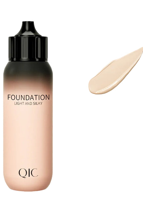 QIC foundation bottle with a swatch on a beige background