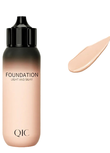 QIC foundation bottle with a swatch on a light beige background