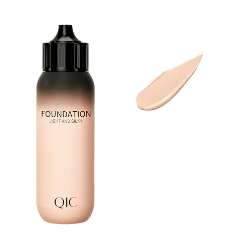 QIC foundation bottle with a swatch on a light beige background