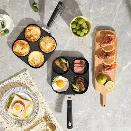 Assorted breakfast items including muffins, eggs, and meats on a gray surface.