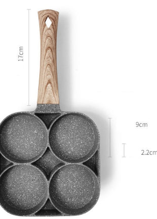 Frying pan with wooden handle and measurements on a white background