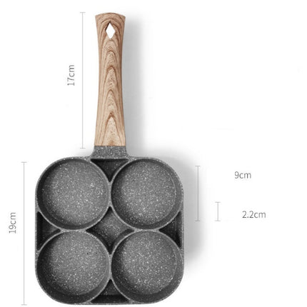 Frying pan with wooden handle and measurements on a white background