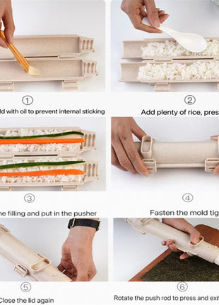 Step-by-step guide on using a sushi rolling mold with hands performing each step.