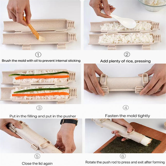 Step-by-step guide on using a sushi rolling mold with hands performing each step.
