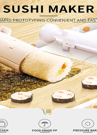 Sushi maker on a wooden board with sushi rolls and ingredients, highlighting features like 'thicken', 'food grade PP', and 'pressure barrel'.