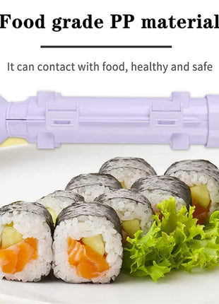 Sushi rolling tool on a plate with sushi and lettuce, labeled 'Food grade PP material'.