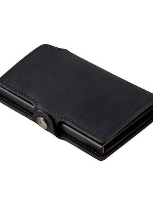 RFID PU metal card holder wallet with slim design and European-inspired leather finish.
