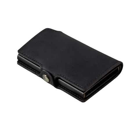 RFID PU metal card holder wallet with slim design and European-inspired leather finish.