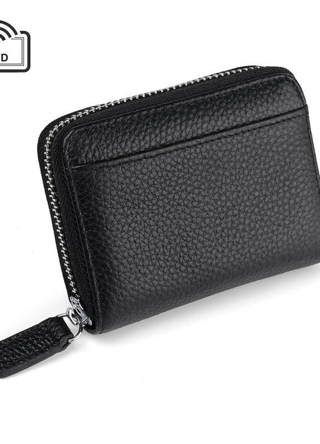 RFID leather card wallet made from first layer cowhide with multi-card storage capacity.