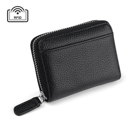 RFID leather card wallet made from first layer cowhide with multi-card storage capacity.
