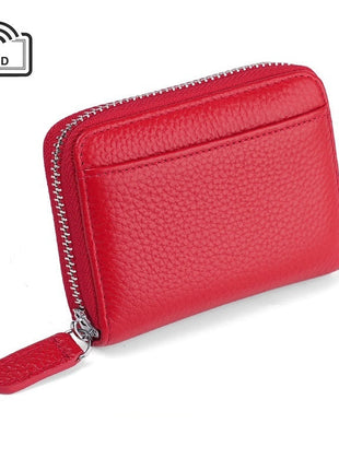 RFID leather card wallet made from first layer cowhide with multi-card storage capacity red